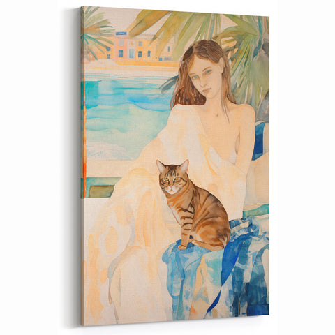 Maximalist Wall Art - Serene Woman with Cat by the Pool in Coastal Setting