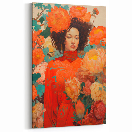 Maximalist Wall Art - Vibrant Floral Portrait with Bold Orange Hues