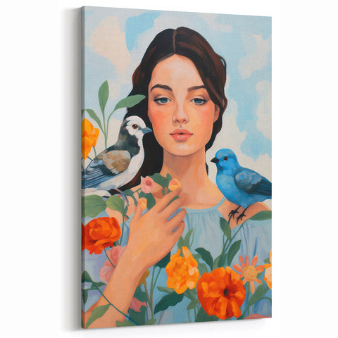 Maximalist Wall Art – Vibrant Portrait with Birds and Flowers for Eclectic Style