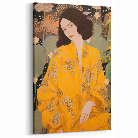 Maximalist Wall Art – Elegant Portrait with Bold Yellow and Floral Motifs