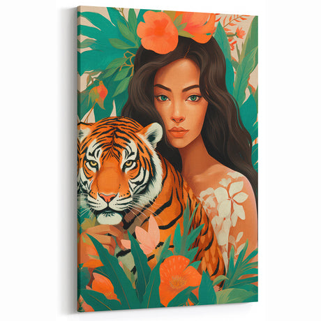 Maximalist Wall Art – Bold Portrait of Woman and Tiger with Floral Accents