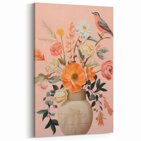 Maximalist Wall Art – Elegant Floral Arrangement with Bird on Peach Background