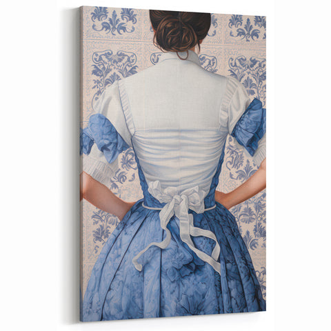 Maximalist Wall Art – Elegant Back View of Woman in Blue Floral Dress