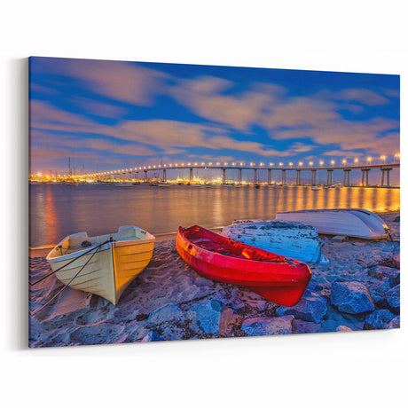 San Diego Harbor at Night – Colorful Boats and Bridge Wall Art Decor