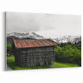 Rustic Mountain Cabin Wall Art – Weathered Wood Cabin with Alpine View