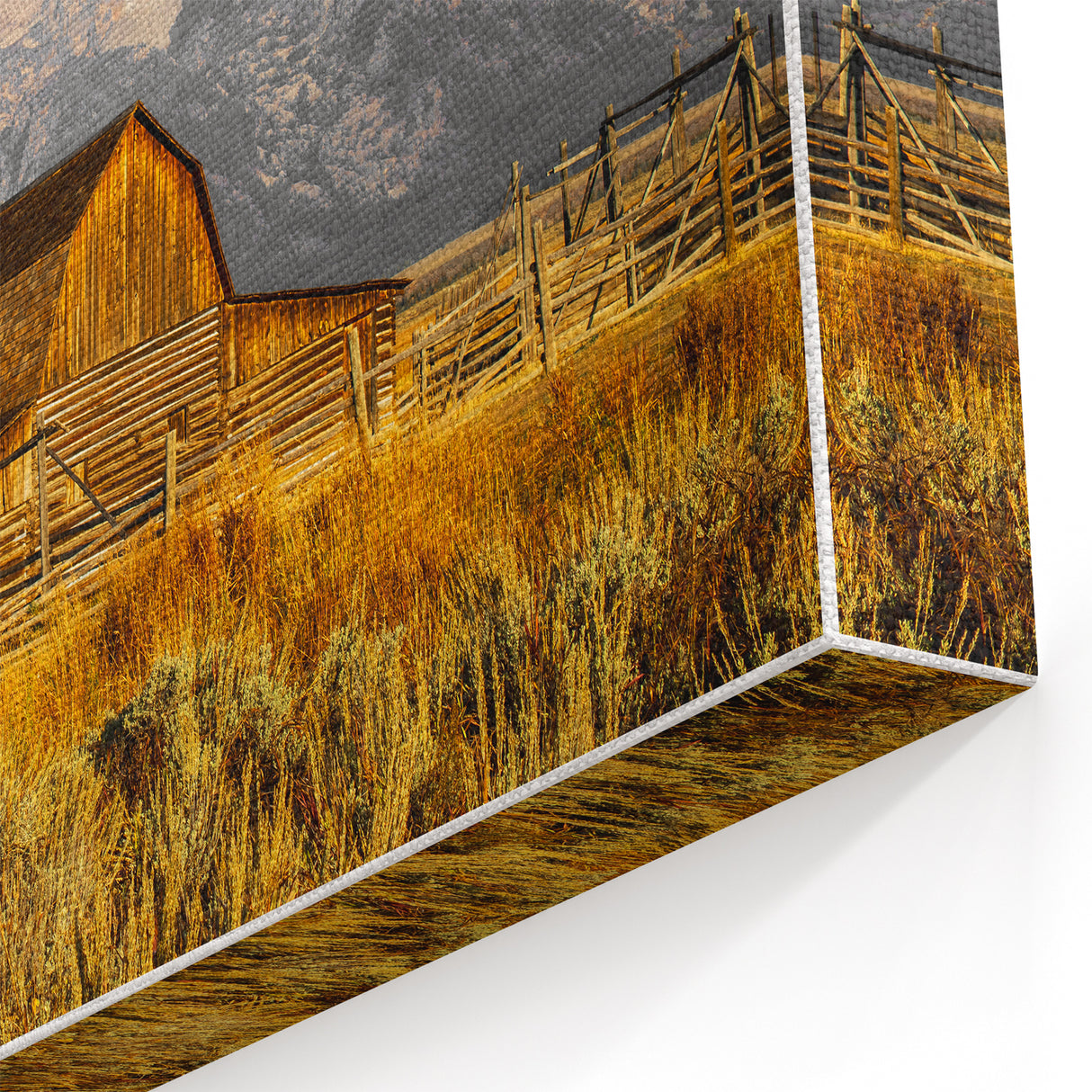 Rustic Barn with Mountain Range – Farmhouse Vintage Landscape Wall Art