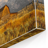 Rustic Barn with Mountain Range – Farmhouse Vintage Landscape Wall Art