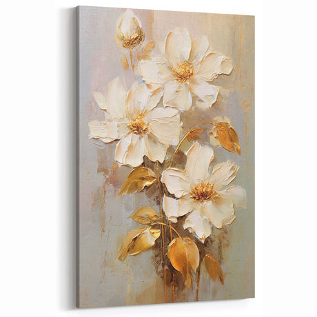 Chic Floral Glam Wall Art - Cream Blossoms with Gold Leaves Accent