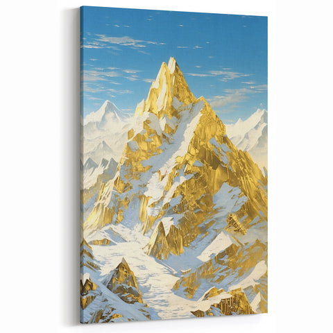 Golden Peak Mountain Canvas Art - Luxurious Wall Décor with Snowy Accents