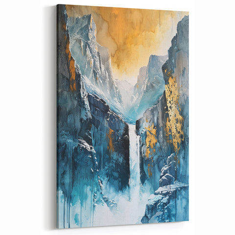 Icy Peaks – Majestic Mountain Waterfall Art with Luxe Gold Details