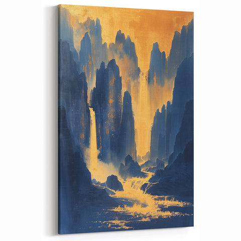 Golden Waterfall Glam Wall Art - Chic Decor with Blue and Gold Tones