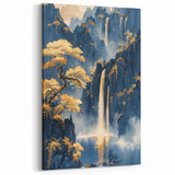 Glam Wall Art - Golden Waterfalls and Trees in Misty Dark Blue Mountains