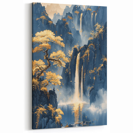Glam Wall Art - Golden Waterfalls and Trees in Misty Dark Blue Mountains