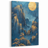 Glam Wall Art - Golden Moon Over Dark Blue Mountains with Waterfalls
