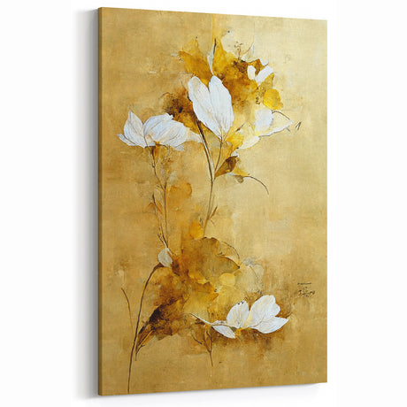 Glam Wall Art - Elegant White Flowers on Gold Background in Modern Style