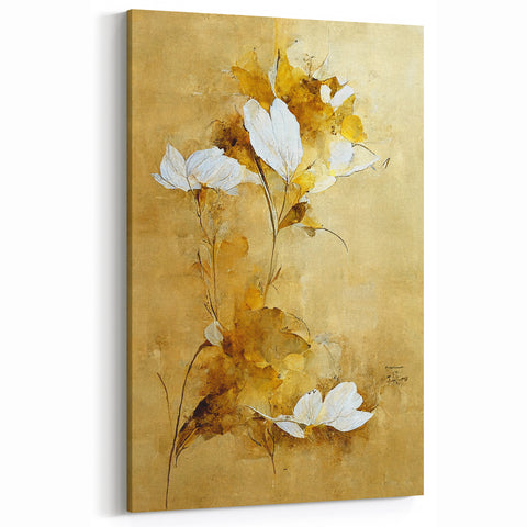 Glam Wall Art - Elegant White Flowers on Gold Background in Modern Style