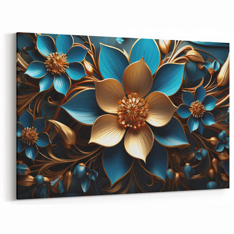 Glam Wall Art - Luxurious Blue and Gold 3D Floral Design for Modern Homes