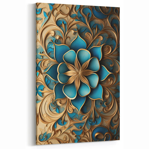 Glam Wall Art - Intricate Blue and Gold 3D Floral Design for Elegant Homes