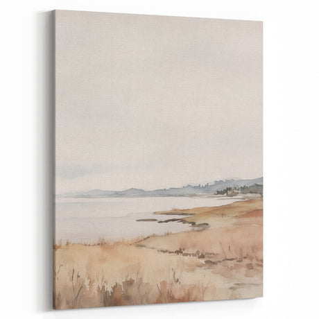 Minimalist Landscape Art: Tranquil Coastal Scene in Neutral Tones