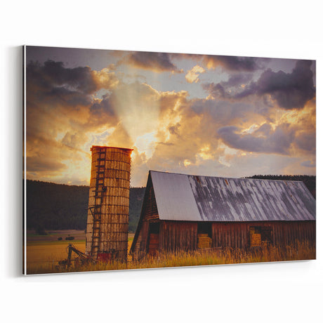 Rustic Silo and Barn at Sunset - Vintage Wall Art - Farmhouse Decor