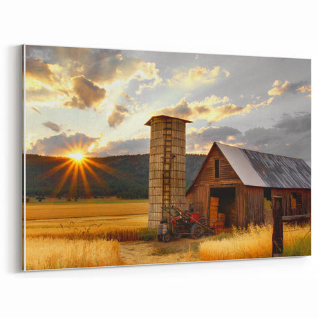 Rustic Silo and Barn at Sunrise - Vintage Wall Art - Farmhouse Decor