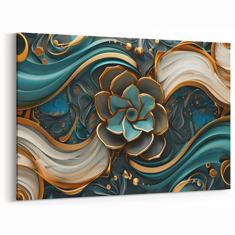 Glamorous Teal and Gold Floral Wall Art – Luxury Modern Decor