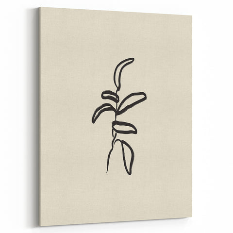 Minimalist Wall Art – Black Line Plant Drawing on Beige Canvas
