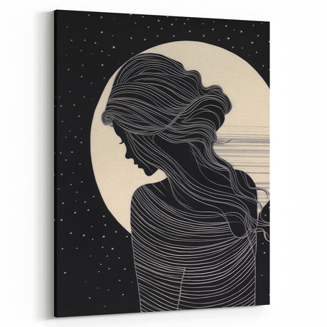 Minimalist Silhouette Art – Woman in Moonlight with Flowing Lines