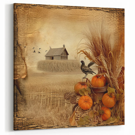 Farmhouse Wall Art with Pumpkins and Wheat - Vintage Country Style Decor