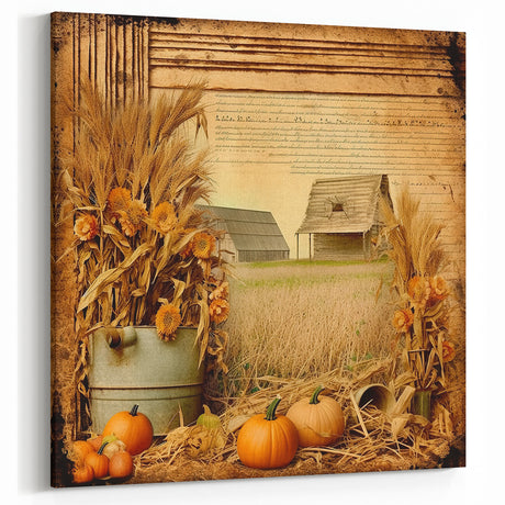 Farmhouse Wall Art with Pumpkins and Wheat - Rustic Country Style Decor