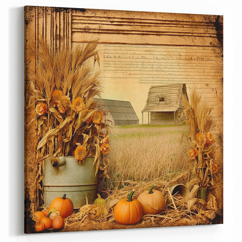 Farmhouse Wall Art with Pumpkins and Wheat - Rustic Country Style Decor