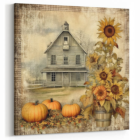 Farmhouse Wall Art with Sunflowers and Pumpkins - Vintage Country Decor