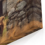 Rustic Farmhouse Decor – Highland Cow with Stone Barn Countryside Art
