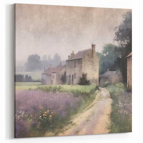 Countryside Wall Art – Rustic Farmhouses with Lavender Fields Print