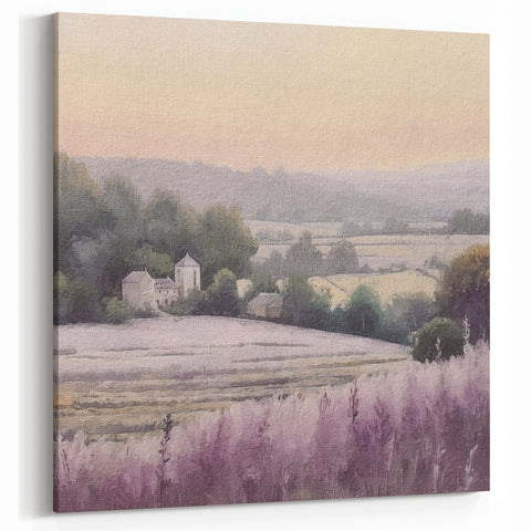 Sunset Over Countryside Wall Art – Lavender Fields with Rural Landscape