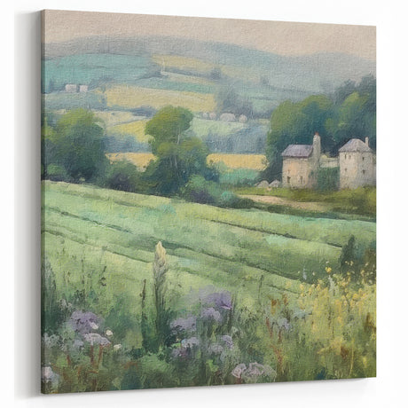 Tranquil Green Countryside Wall Art - Rolling Fields with Farmhouse