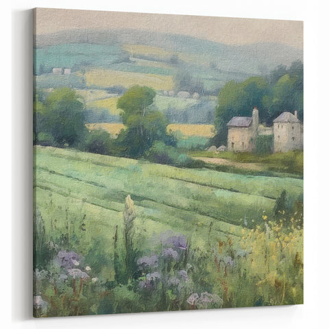 Tranquil Green Countryside Wall Art - Rolling Fields with Farmhouse
