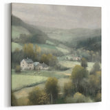 Misty Valley Farmhouses – Peaceful Countryside Wall Art Landscape