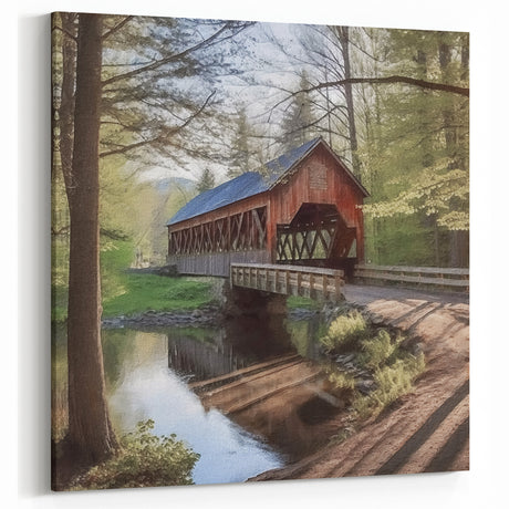 Red Vintage Bridge Art - Tranquil Woodland Stream Canvas Wall Decor