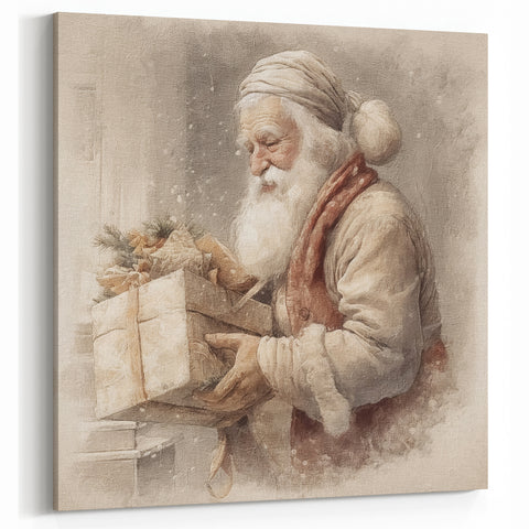 Holiday Wall Decorations - Santa with Gift in Snow Christmas Artwork
