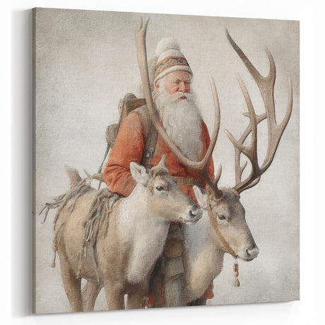 Seasonal Wall Art - Santa with Reindeer Winter Scene Holiday Print