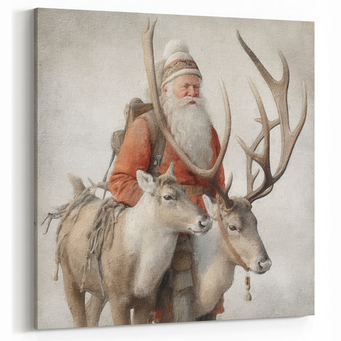 Seasonal Wall Art - Santa with Reindeer Winter Scene Holiday Print