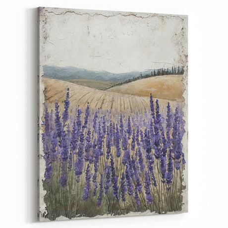 Lavender Field Rustic Wall Art - Farmhouse Decor Vintage Nature Scene