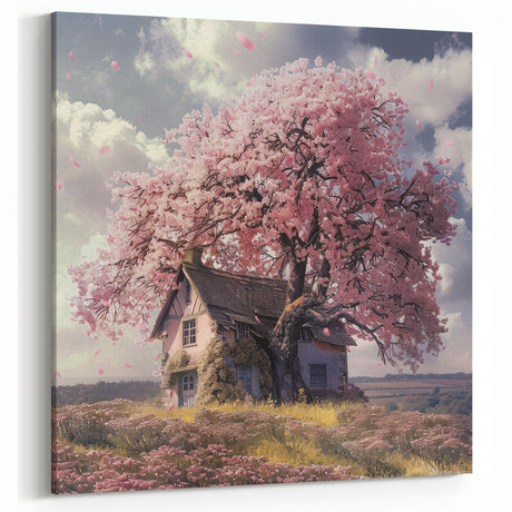 Dreamy Cottage Wall Art with Blossoming Tree – Rustic Canvas Decor