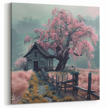 Vintage Cottage Wall Art with Pink Tree – Rustic Canvas Print Decor