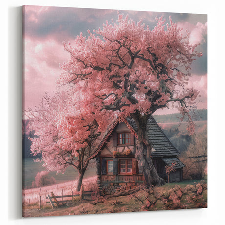 Rustic Cottage Wall Art with Pink Blossoms – Quaint Canvas Print Decor