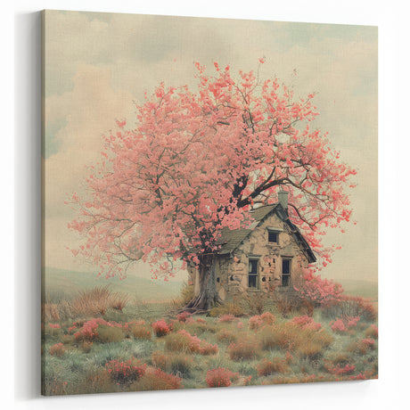 Stone Cottage Wall Art with Blossoming Tree – Rustic Canvas Decor