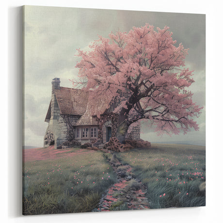 Charming Stone Cottage Wall Art with Blooming Tree – Rustic Decor Print