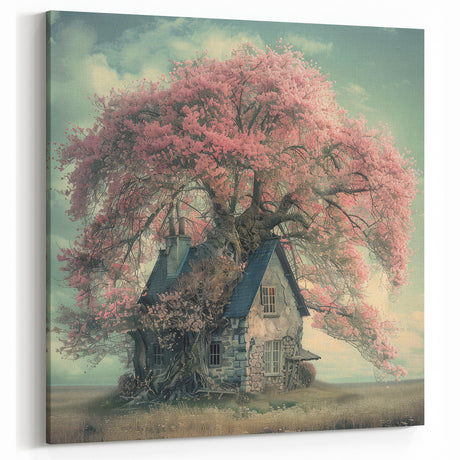 Rustic Stone Cottage Wall Art with Blooming Tree – Vintage Decor Print