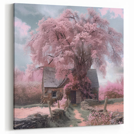 Charming Stone Cottage Wall Art with Blooming Tree – Rustic Decor Print